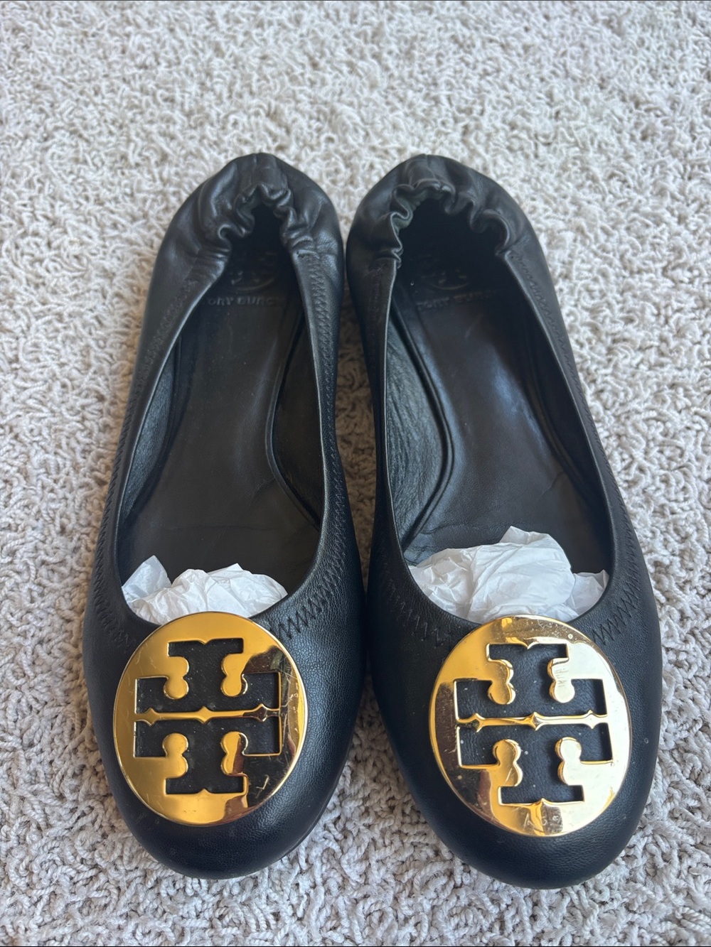 Tory Burch Black Leather Ballet Flats with Gold Logo Emblem 8.5